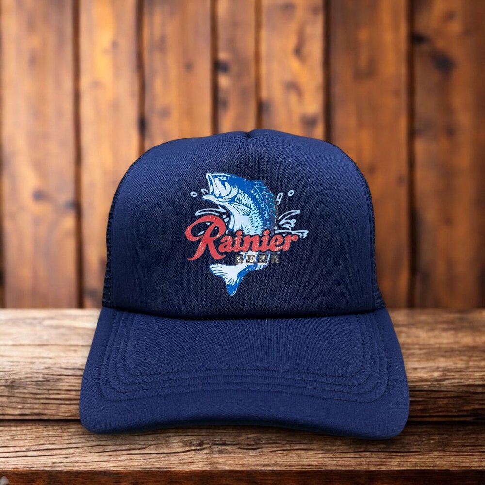 Rainer Fishing Mens Trucker Hat Navy Vitamin R American Lager Beer Cap